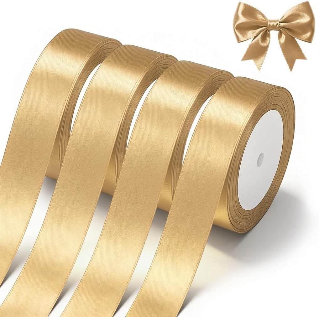 Gold Satin Ribbon 1 Inch x 4 Rolls Gold Wide Satin Fabric Ribbon for Gift Packaging, Christmas, Wedding, Flower Bouquet, Holiday Party, Invitation