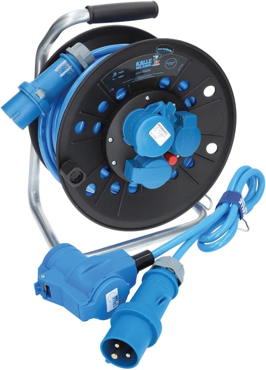 KALLE DAS KABEL CEE Camping Cable Reel Extreme Cable Reel Camping Cable Caravan Cable Caravan Drum H07BQ-F 3G 2.5 mm  25 m Cable Reel + Connection Cable with Angle Coupling 1.5 m