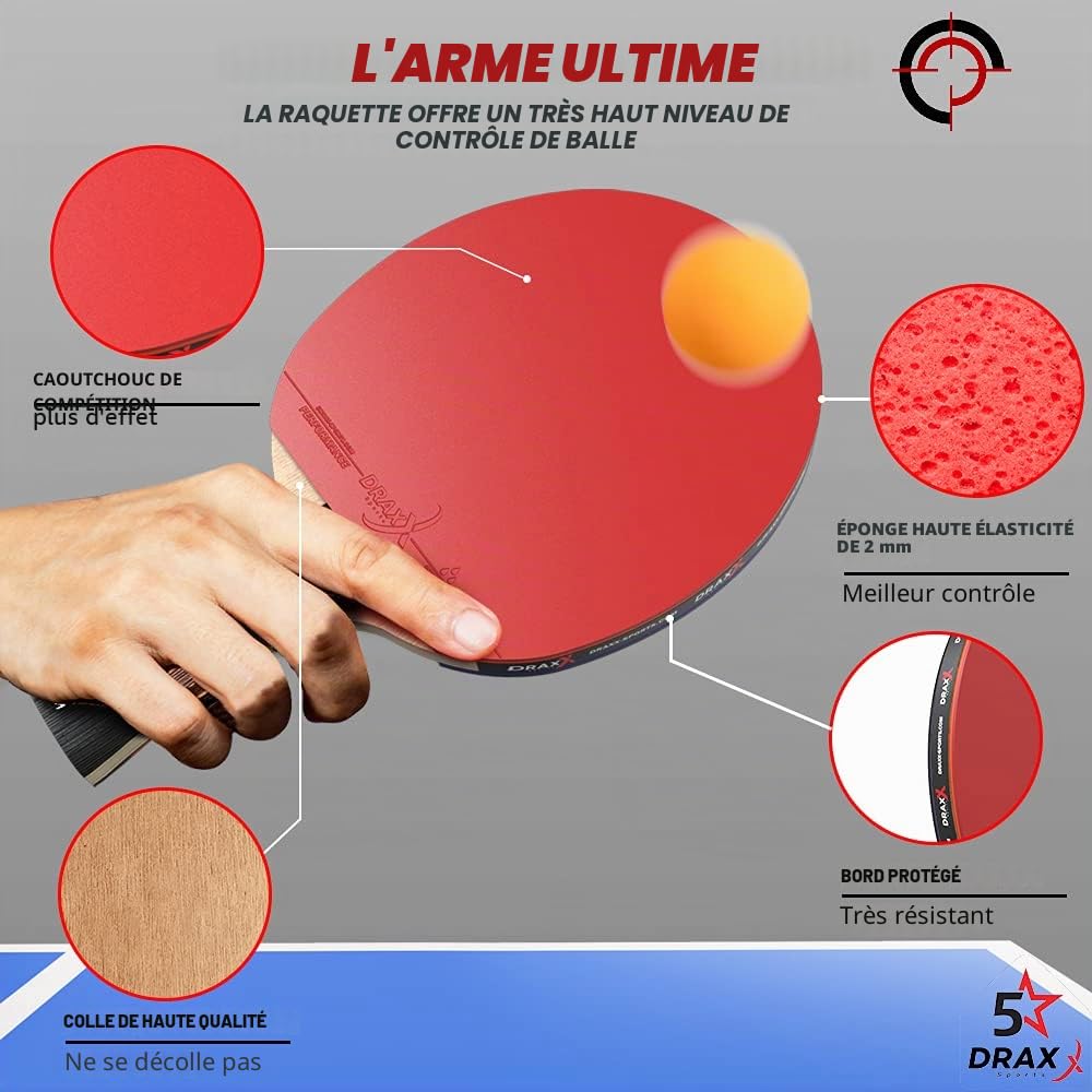 Raquette de Ping-Pong Carbone 5 Étoiles, Éponge 2mm, Effets Faciles, Légère et Rapide | Entraînement Compétition Club Loisir