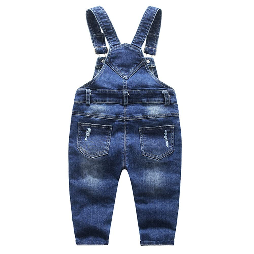 KIDSCOOL SPACE Mono de mezclilla rasgado lavado a la piedra con bolsillo grande para bebés y niñas pequeñas