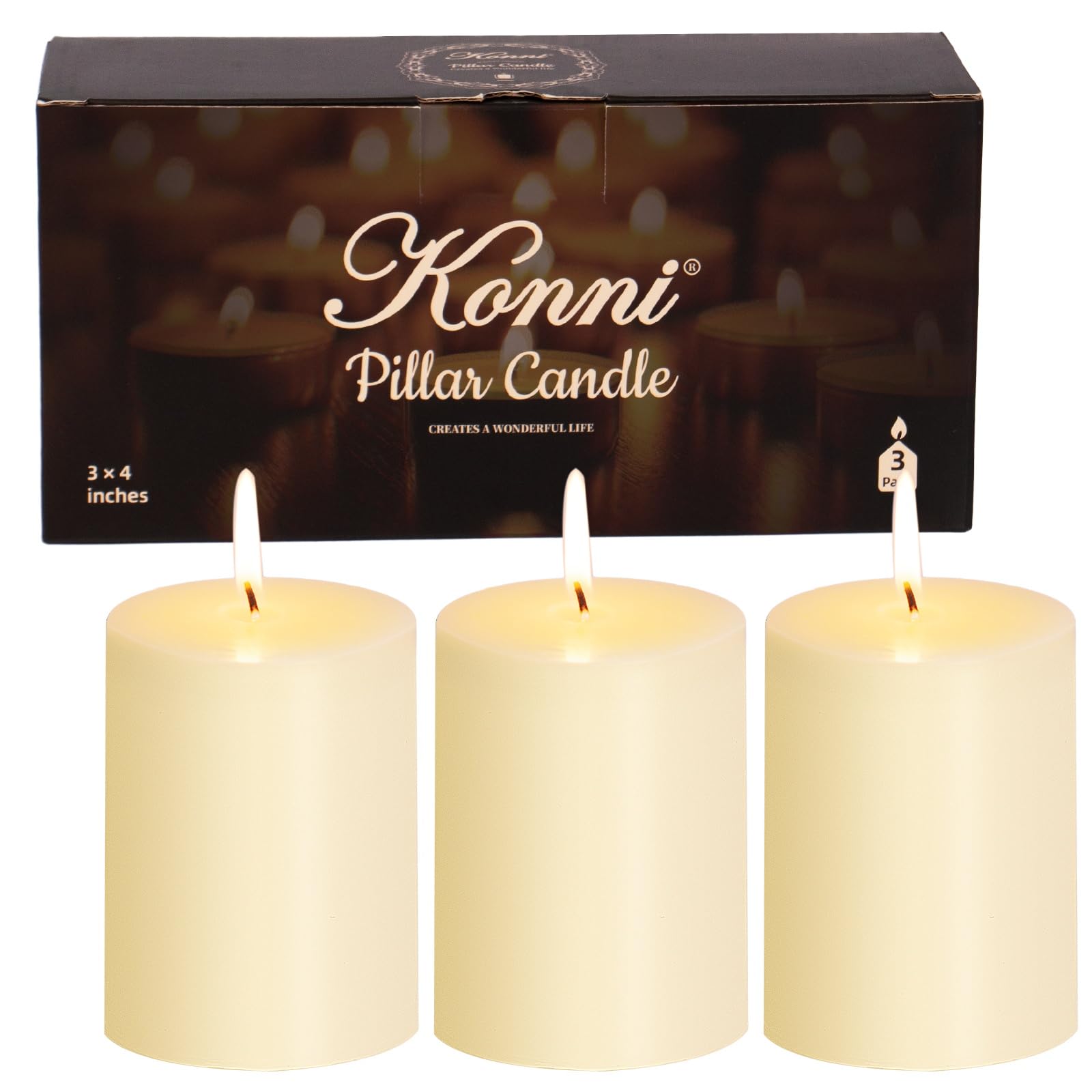KONNI Ivory Pillar Candles Set of 3, 3"x 4" Unscented Pillar Candles Bulk, 39 Hours Long Burning Candles, Smokeless&Dripless Large Round Candle for