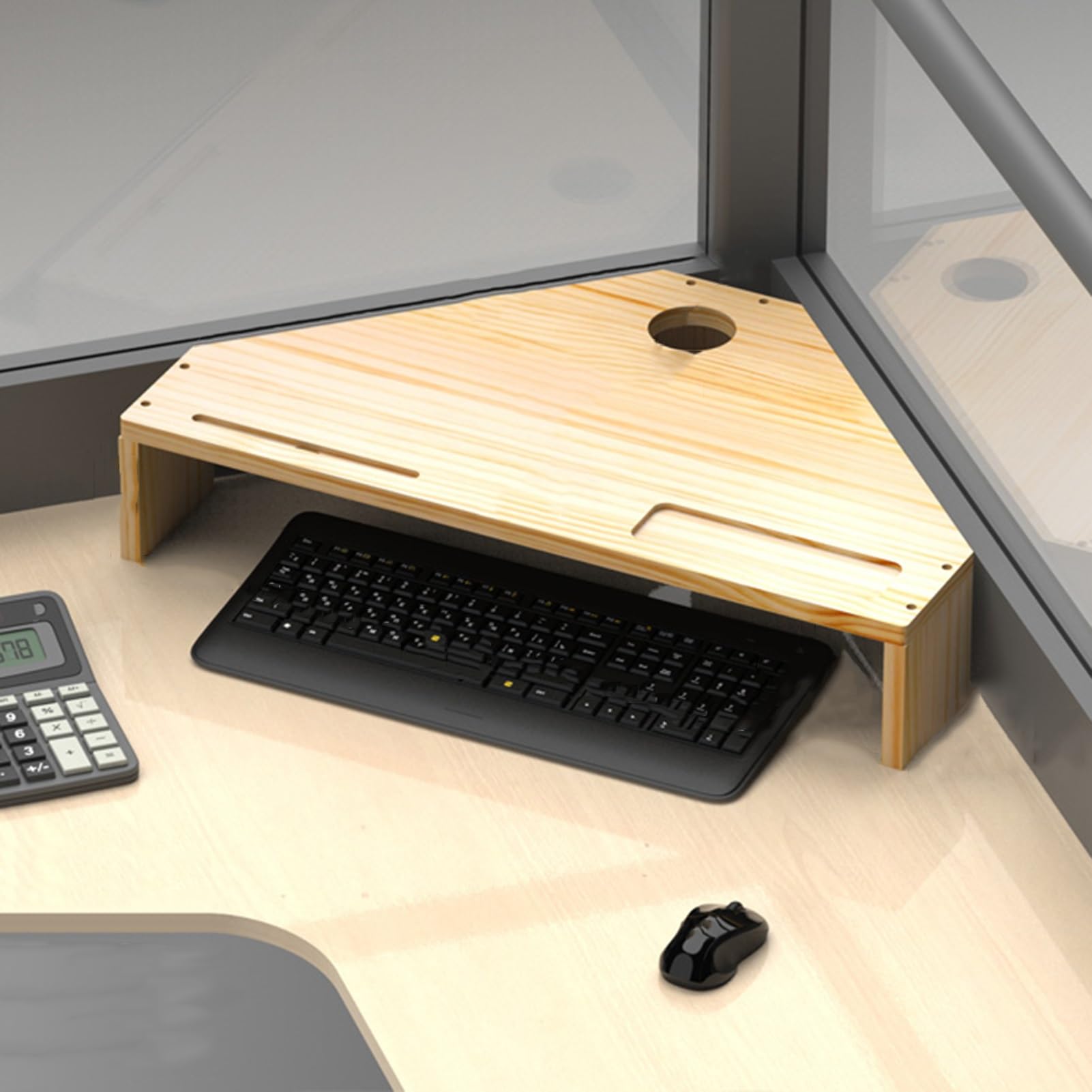 モニタースタンド 無垢材製デスクトップコーナーライザー 省スペース、 勉強部屋用の人間工学に基づいたコンピューター画面モニター棚、 ノートパソコン プリンター用三角形デスクスタンド(Natural)