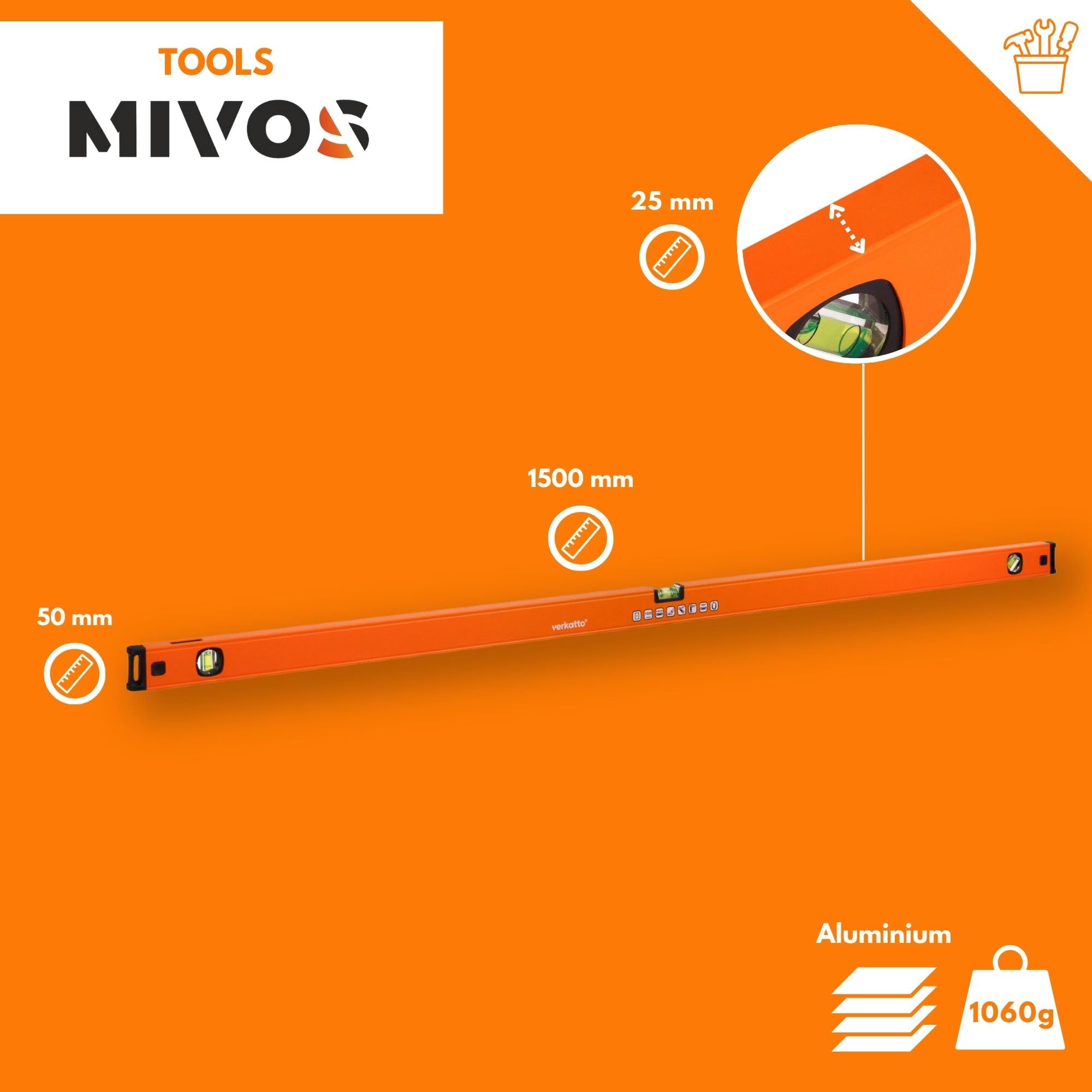 MIVOS - Livella a bolla in alluminio 150 cm con funzione specchio - 3 livelle precise - Livella a bolla con maggiore precisione di misurazione e profilo ergonomico in alluminio