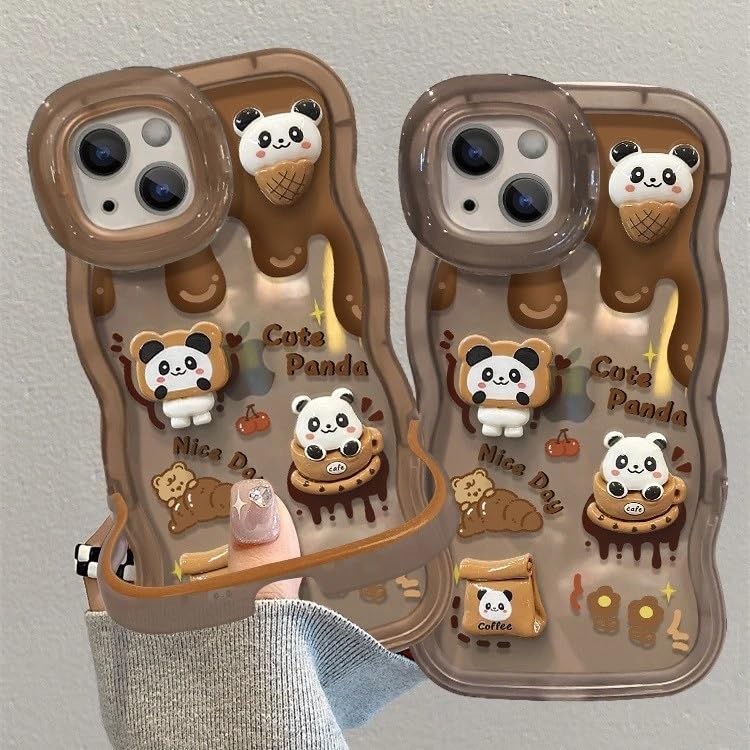 Image of COVERLY 3D Cute Creative Bear Panda Cartoon Chocolate Coffee Decor Wave Curly Edge Invisible Double Phone Stand Holder Happy Doll Cover Girly Charm Case for Apple iPhone 15 Pro Max (Brown)