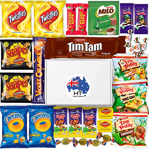 Australian Snack gift Box (29 Units) Best Australian Candy and Food Products Packed With Aussie Candy Classics Including Tim Tams, Arnottâ€™s, Twisties, Cherry Ripe and Much More - Happy Tucker