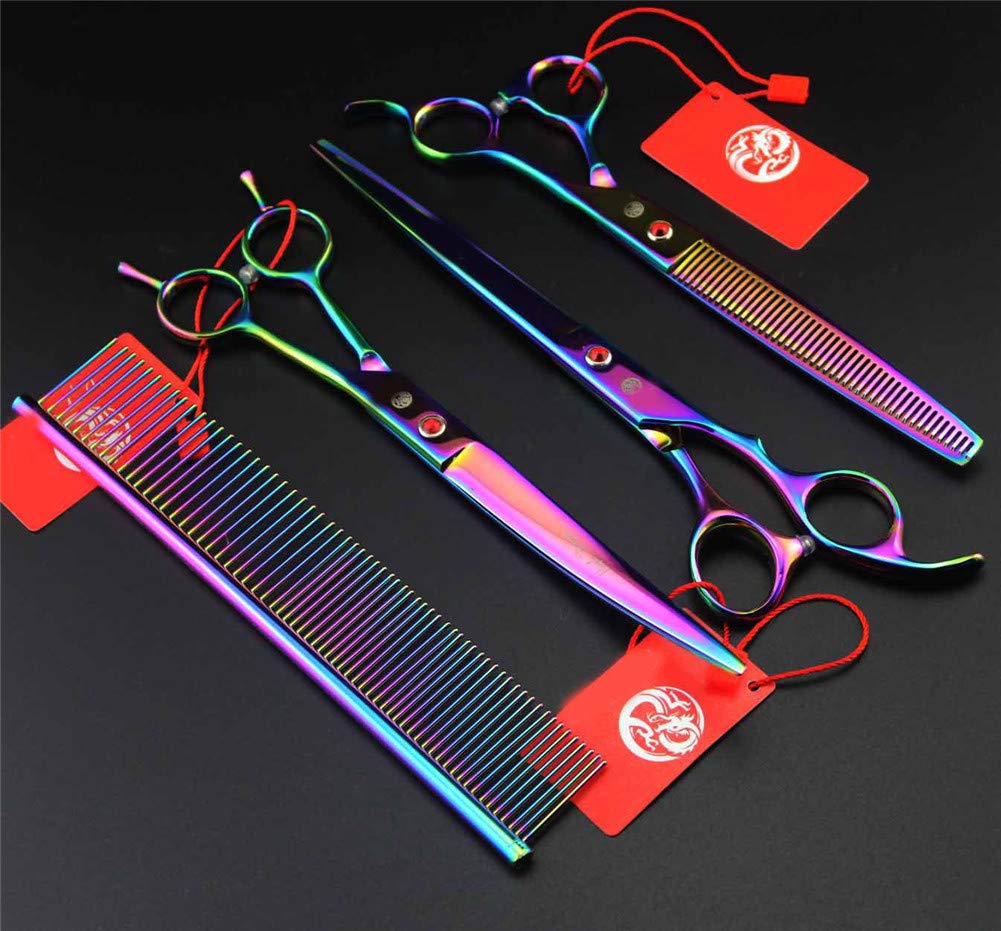 8 inches Professional Pet Grooming Hairdressing Scissors Set,3 Pieces Colorful Stainless Steel Professional PET DOG Cat Home Grooming Scissors Suit Cutting Curved Thinning Scissors/Comb for