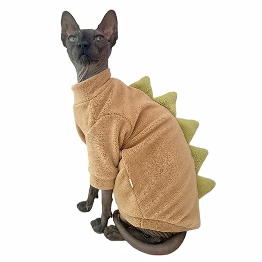 Dinosaur Sphynx Cat Clothes, Soft Polar Fleece Sweater for Cat, Elastic Pet Clothes Thick Winter Warm Outfit for Hairless Cat, Devon, Cornish, Small Dogs Apparel with Sleeves (Khaki, Large)