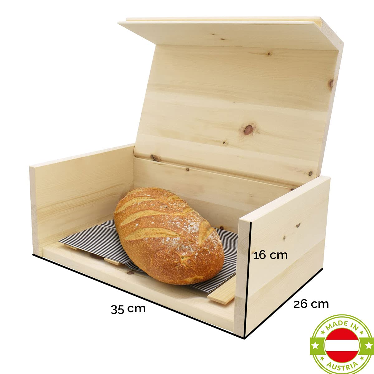 Hochwertige Brotdose aus massivem Zirbenholz - Brotkasten mit aufklappbarem Deckel - plastikfrei & nachhaltig - Handarbeit aus Österreich