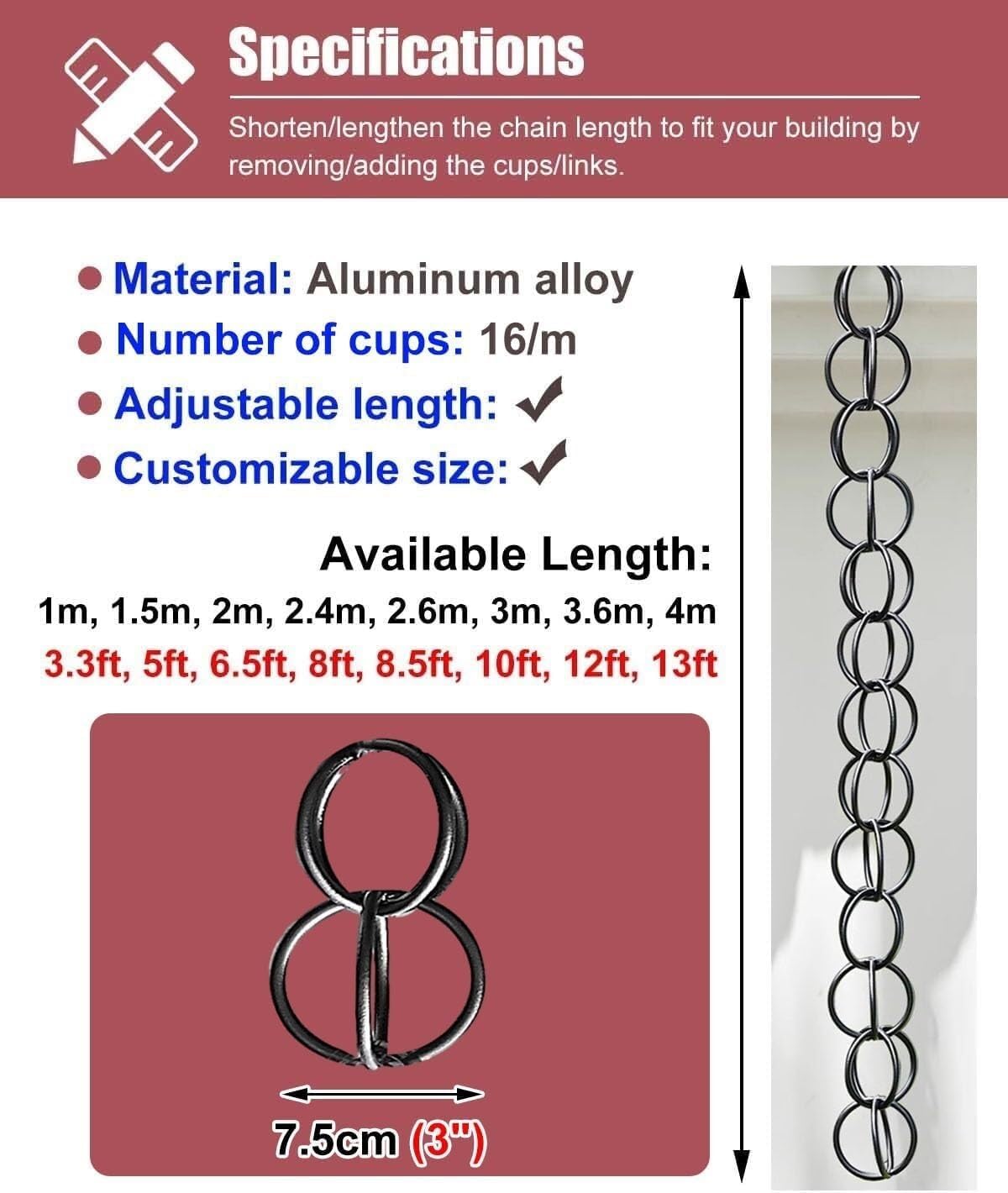 Rain Chains Rain Downspout Chain Black, Ring Rain Guide Chains with Hook, Adjustable Length Rain Gutter Chain Catcher(2.6m/8.5ft)