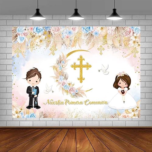 Vista 22 de Telón de fondo de Nuestra Primera Comunión para gemelos, Dios bendiga el bautismo, decoración de fiesta, ceremonia de bautizo, Mi Primera Comunión