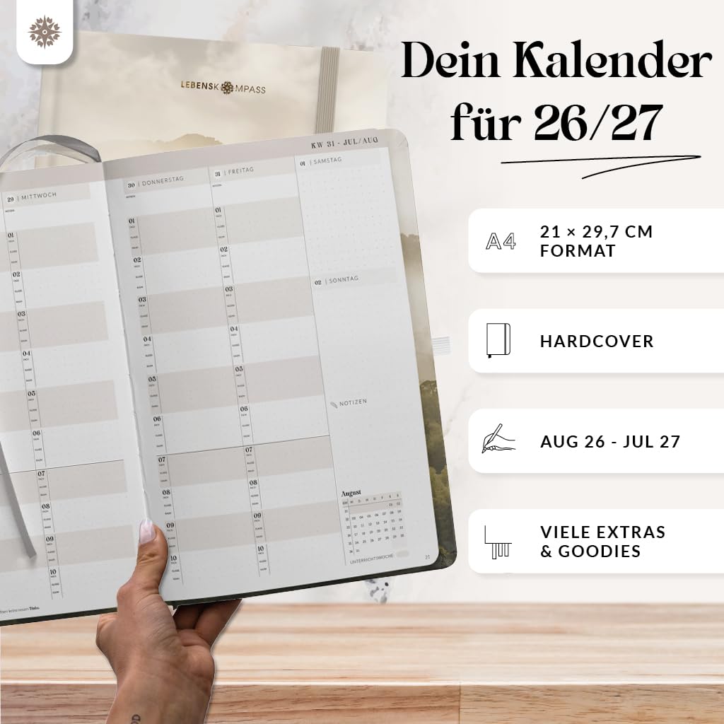 Lebenskompass® Lehrerkalender 2026/2027 DIN A4 ”Pine” - Schuljahresplaner Hardcover mit Wochen & Monatsübersichten, Klassen & Notenlisten, Stundenplänen für Lehrerinnen und Lehrer
