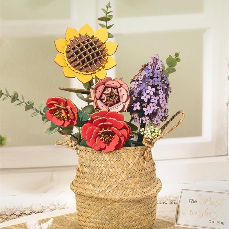 Miniatura 7 de Rompecabezas 3D hecho a mano, rompecabezas de madera 3D para adultos, kits de modelo de flores de bricolaje, decoración del hogar, manualidades,