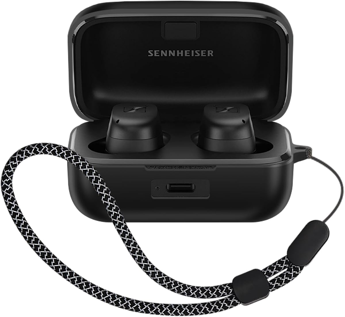 Adecuado para auriculares Sennheiser Momentum True 3, estuche protector integral, estuche de carga, resistente a golpes de 360 °, impermeable, resistente a rayones y resistente a caídas (negro + cuerda colgante negra)