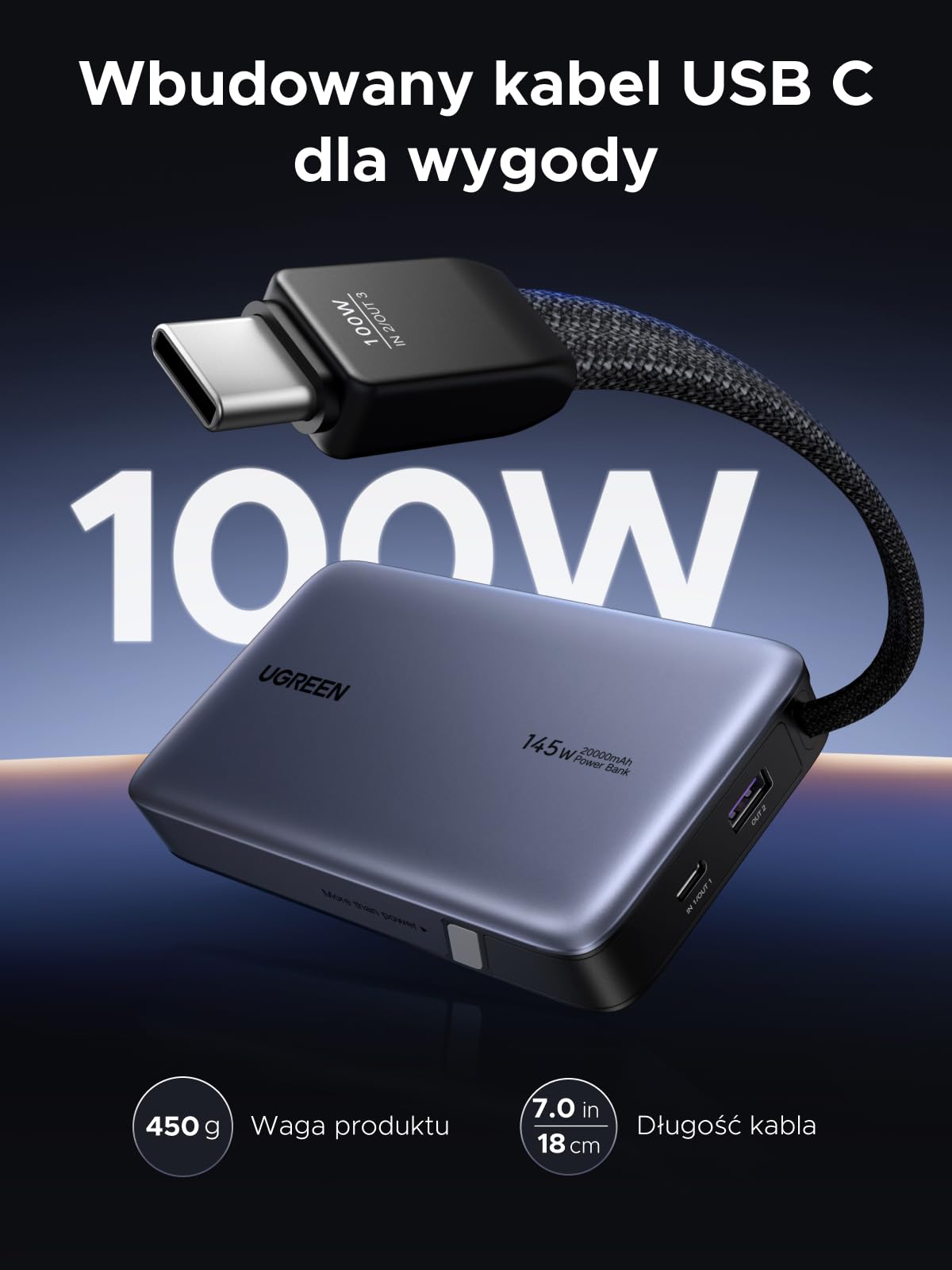 UGREEN Nexode Powerbank 20000mAh 145W z wbud. USB-C-kabel | 2x USB-C+1x USB-A, ładowanie laptopa/telefonu, kompatybilny z MacBook, iPad, iPhone, do podróży/biura