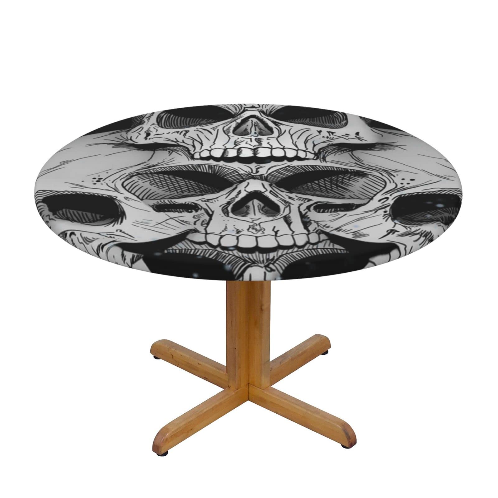 Lsjuee Round Fitted Tablecloth 45-50in Elastic Edged Table Cloth for Kitchen Dining Party Home Decor - Abstract Skull Death Black