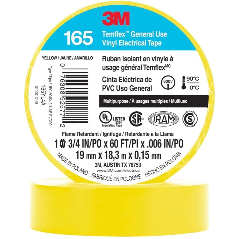 3M Temflex 165 Solvent-Free Vinyl Electrical Tape: 3/4 in x 60 ft. (Yellow)
