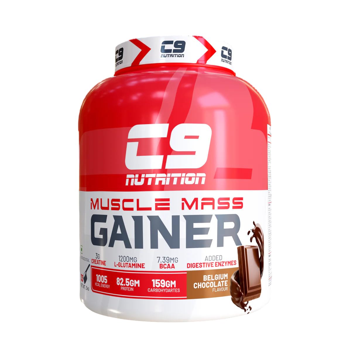 C9 Nutrition Muscle Mass Gainer | High-Calorie Protein Powder for Mass & Strength Gain | 1005 Kcal, 82.5g Protein, 159g Carbs | With Creatine, BCAA & Digestive Enzymes Belgium Chocolate (30 Servings, 3kg)-image-8