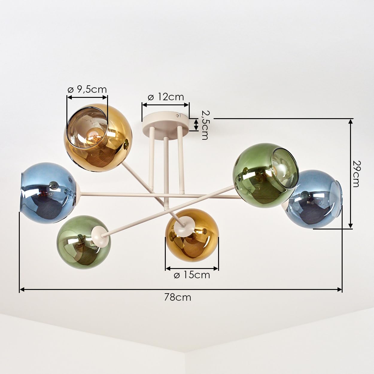 HOFSTEIN Deckenleuchte Koyoto, 6-flammige Deckenlampe aus Metall/Glas in Sandfarben/Blau/Grün/Goldfarben, moderne Leuchte im Retro/Vintage-Design, E14, Esszimmer, Küche, Wohnzimmer, Schlafzimmer