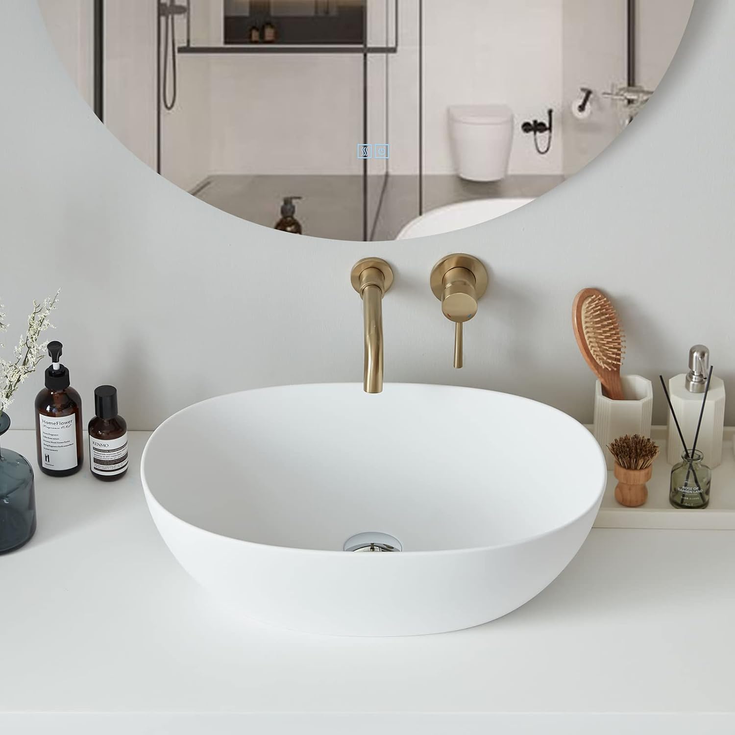 Cpingao Oval Bathroom Vessel Sink, White Stone Resin Vessel Sink 22'' x 15'' Countertop, Modern Vanity Sink Bowl Basin with Pop-up Drain, 2262-white