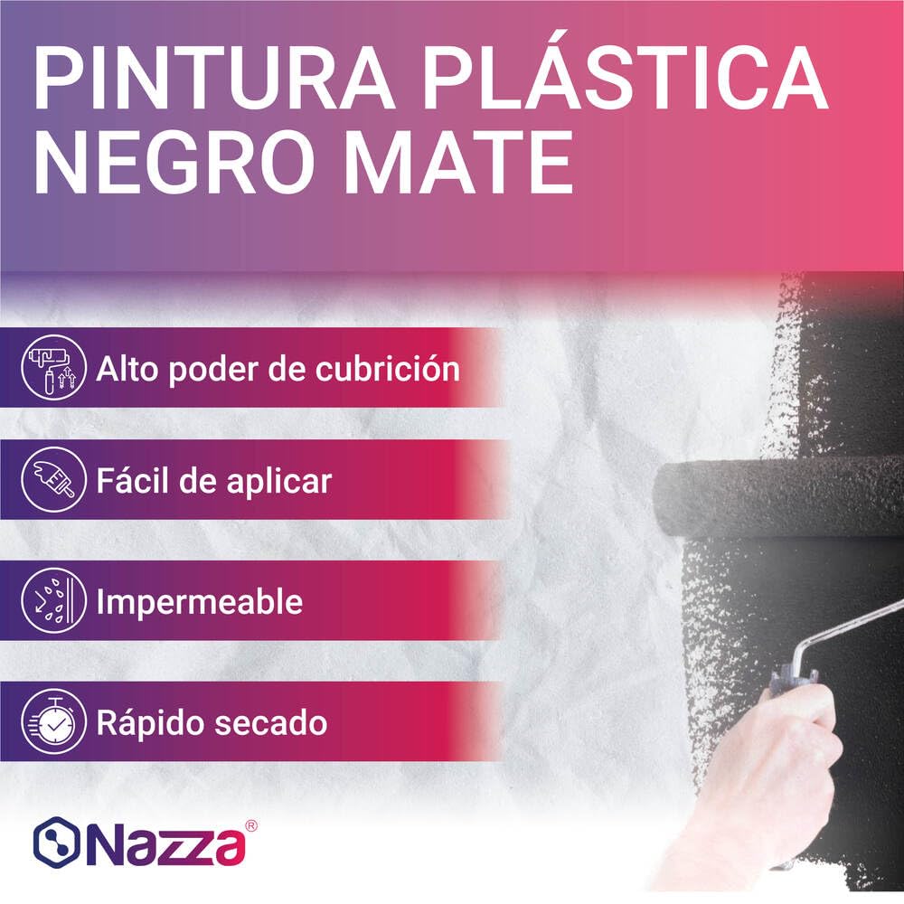 Nazza Pintura Negra Mate - Pintura Negra Pared para Interior y Exterior - Alta Cobertura, Lavable, Resistente y con Certificación Reacción al Fuego BS1D0 - Formato 5 Kg