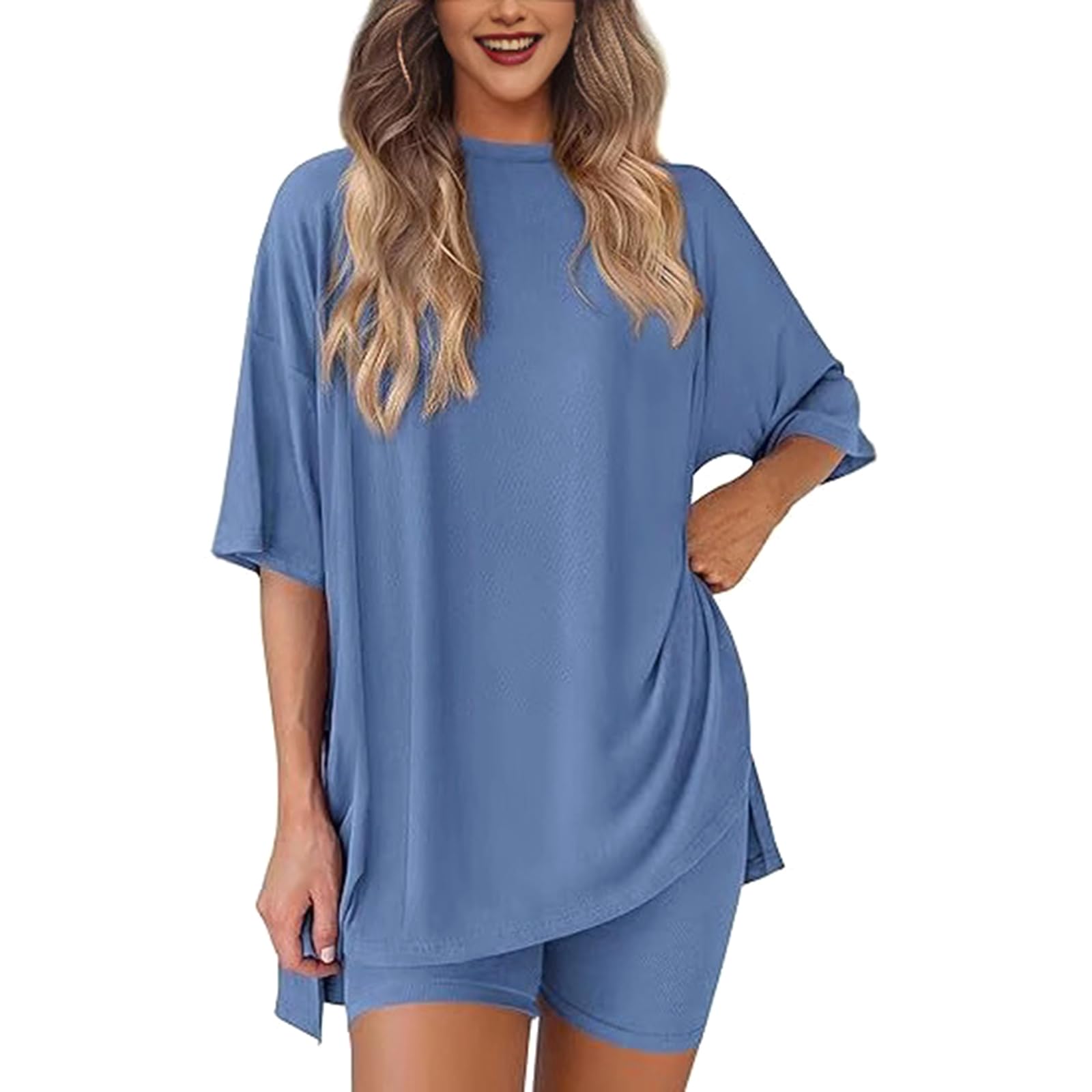Apglsxy Unisex Blue Classical Color Pajama Set For Women Loungewear Soft Stretchy Oversized T-Shirt And Shorts Sleepwear Loungewear Set