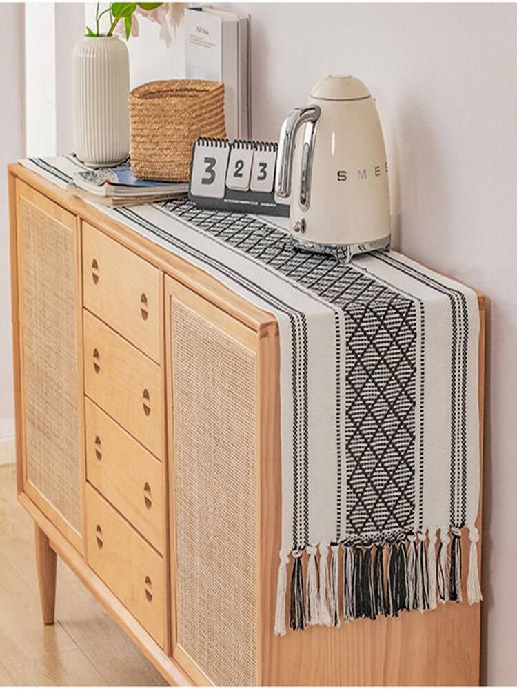 Image of Premium Boho Cotton Table Runner for 4 6 Seater Dining Table |Center Table |Coffee Table|Dining Table|Eating Area|Table Decor(14*72 INCHES)|Black White| SZPR 027