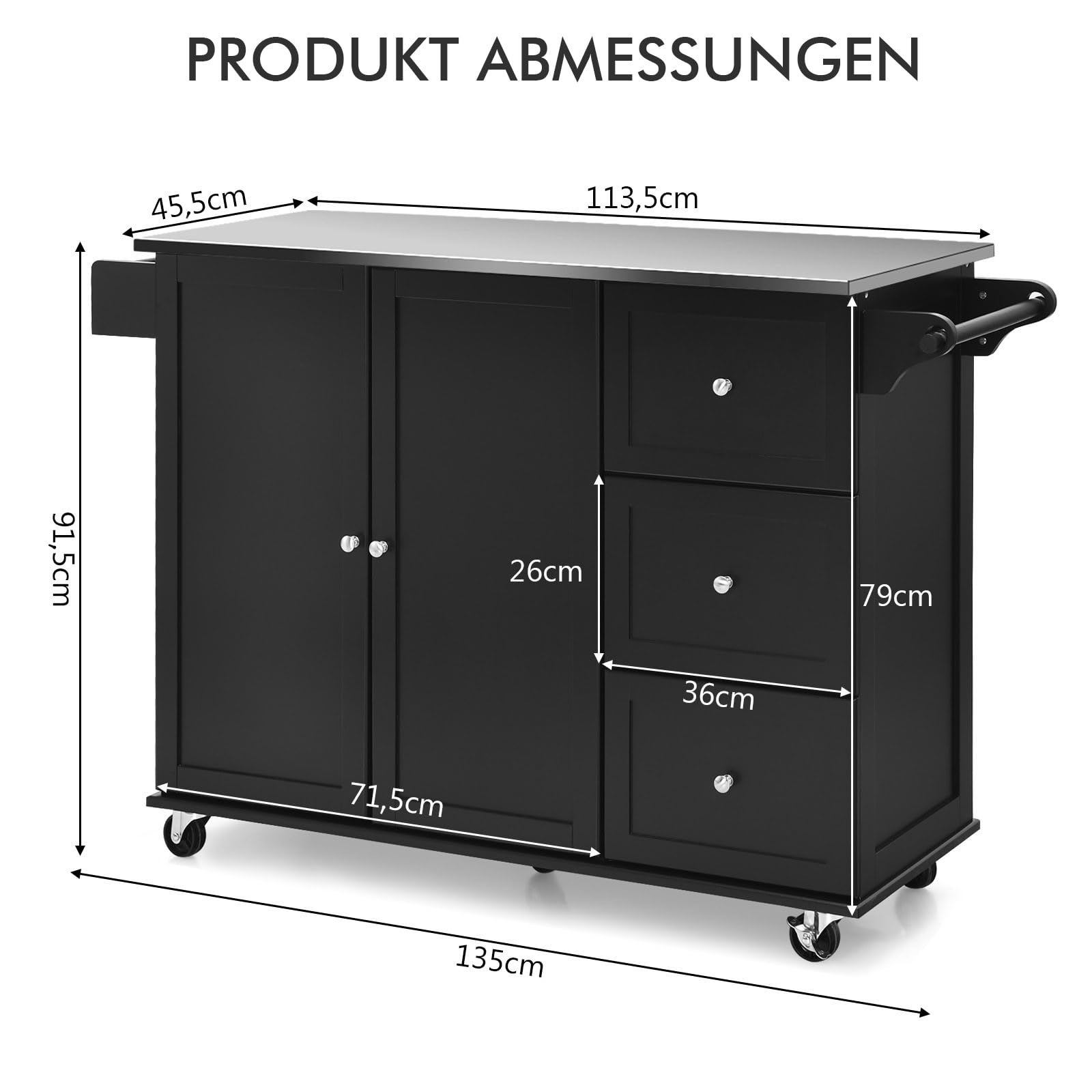 COSTWAY Küchenwagen mit Arbeitsplatte aus Edelstahl, 3 Schubladen, verstellbare Ablage, Handtuchhalter, mobiler Servierwagen auf Rollen, Schwarz