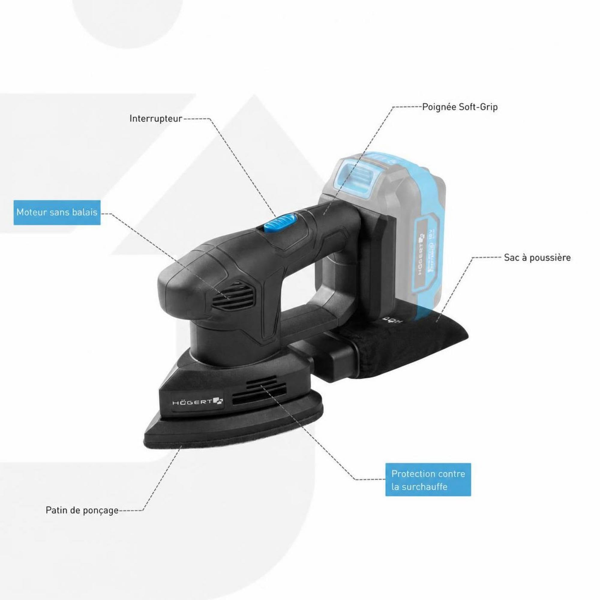 HÖGERT TECHNIK – Ponceuse Delta sans fil 18V, ponceuse triangulaire compacte pour bois, métal et plastique, ponceuse multifonction pour coins, bords et travaux de précision, sans batterie