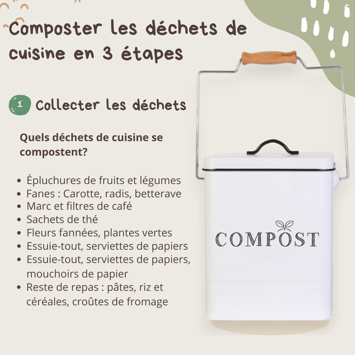 Poubelle à Compost 5L En Métal – Composteur Cuisine Sans Odeur Avec Filtre & Poignée Bois, Idéal Appartement