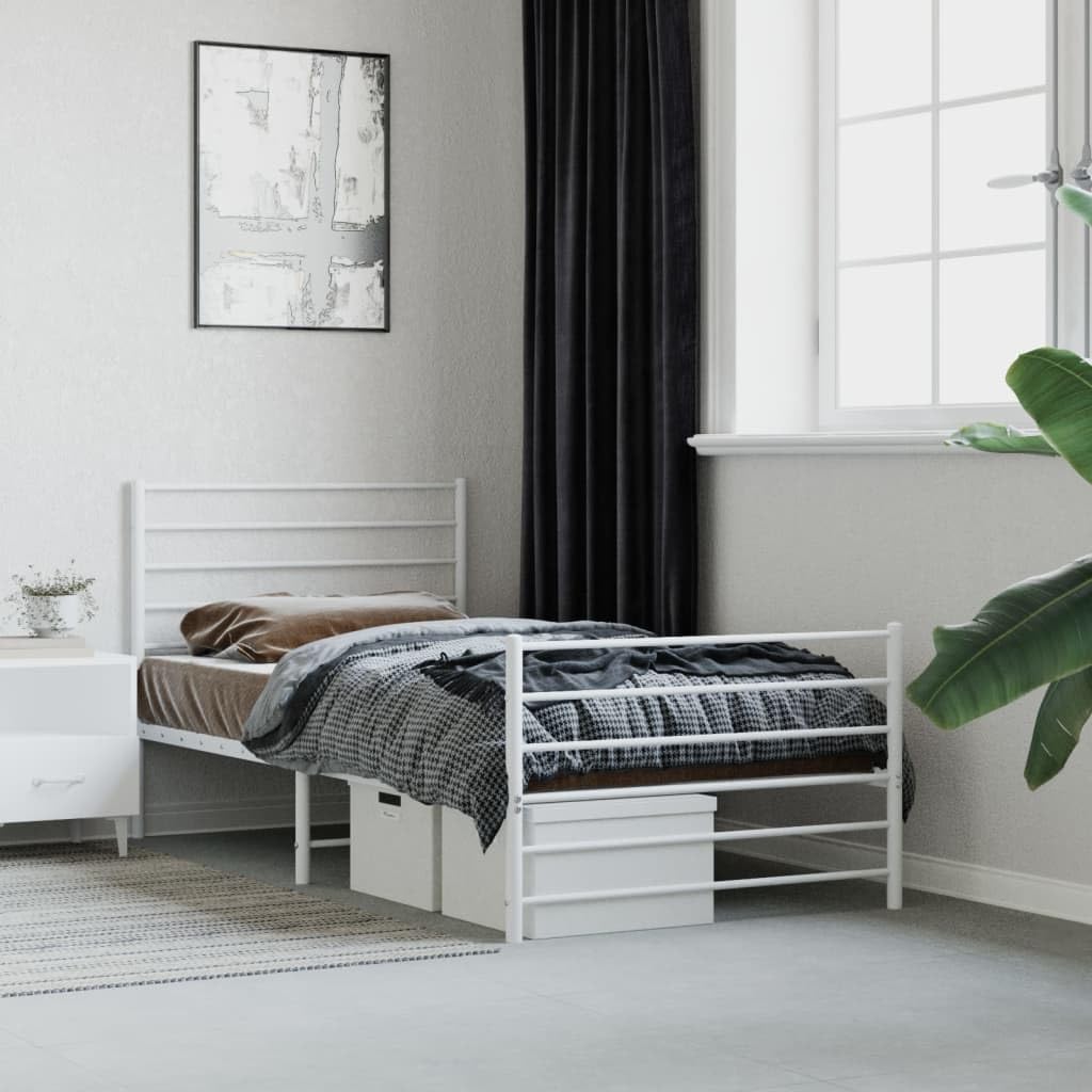 Cadre de lit métal 90x190 blanc SKM avec sommier et tête de lit intégrée