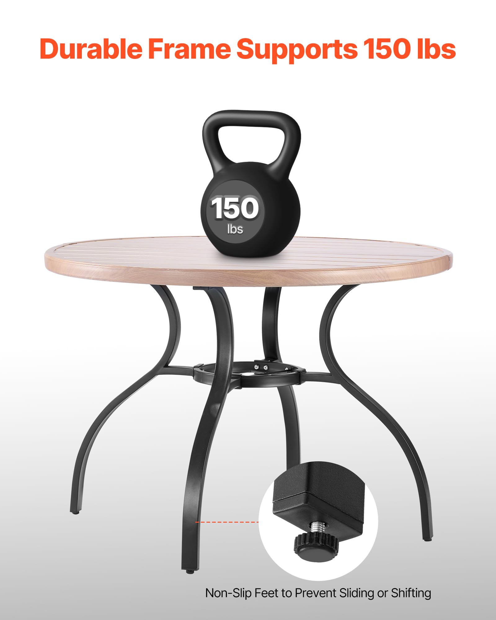 VEVOR Table à Manger pour Patio extérieur 1035 mm, Table de Bistrot Ronde en Acier Imitation Bois 4 Personnes, Trou Parasol 38 mm, Gris