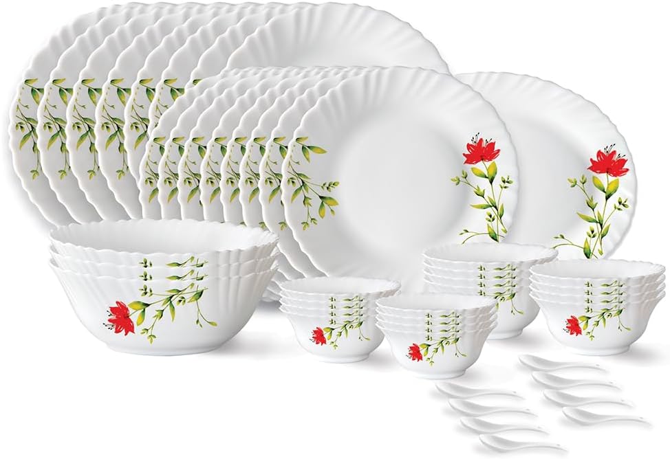 Larah by Borosil Oriental Fluted Series Opalware Dinner Set | 44 Pieces for Family of 8 | Microwave & Dishwasher Safe | Bone-Ash Free | Crockery Set for Dining & Gifting | Plates & Bowls | White