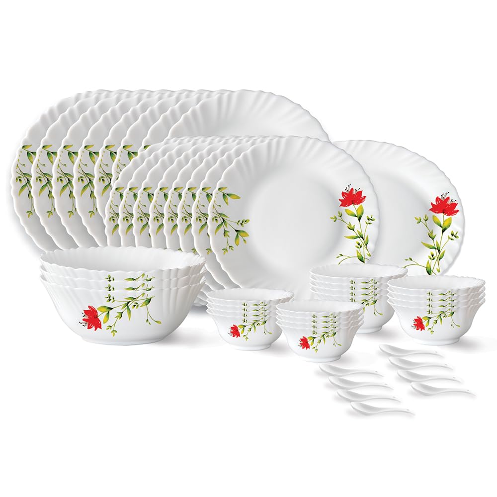 Larah by Borosil Oriental Fluted Series Opalware Dinner Set | 44 Pieces for Family of 8 | Microwave & Dishwasher Safe | Bone-Ash Free | Crockery Set for Dining & Gifting | Plates & Bowls | White