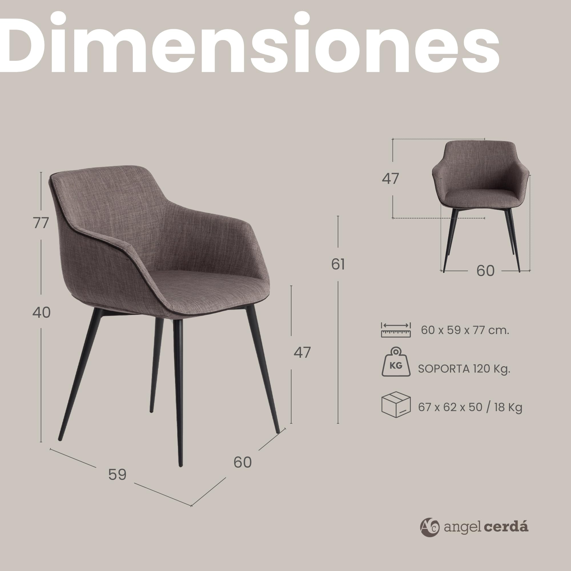 Ángel Cerdá - Silla Comedor Tapizada en Tela Gris con Ribetes Negros - Sillón de Diseño Moderno con Reposabrazos y Patas de Acero Negro - 60 x 59 x 77 cm