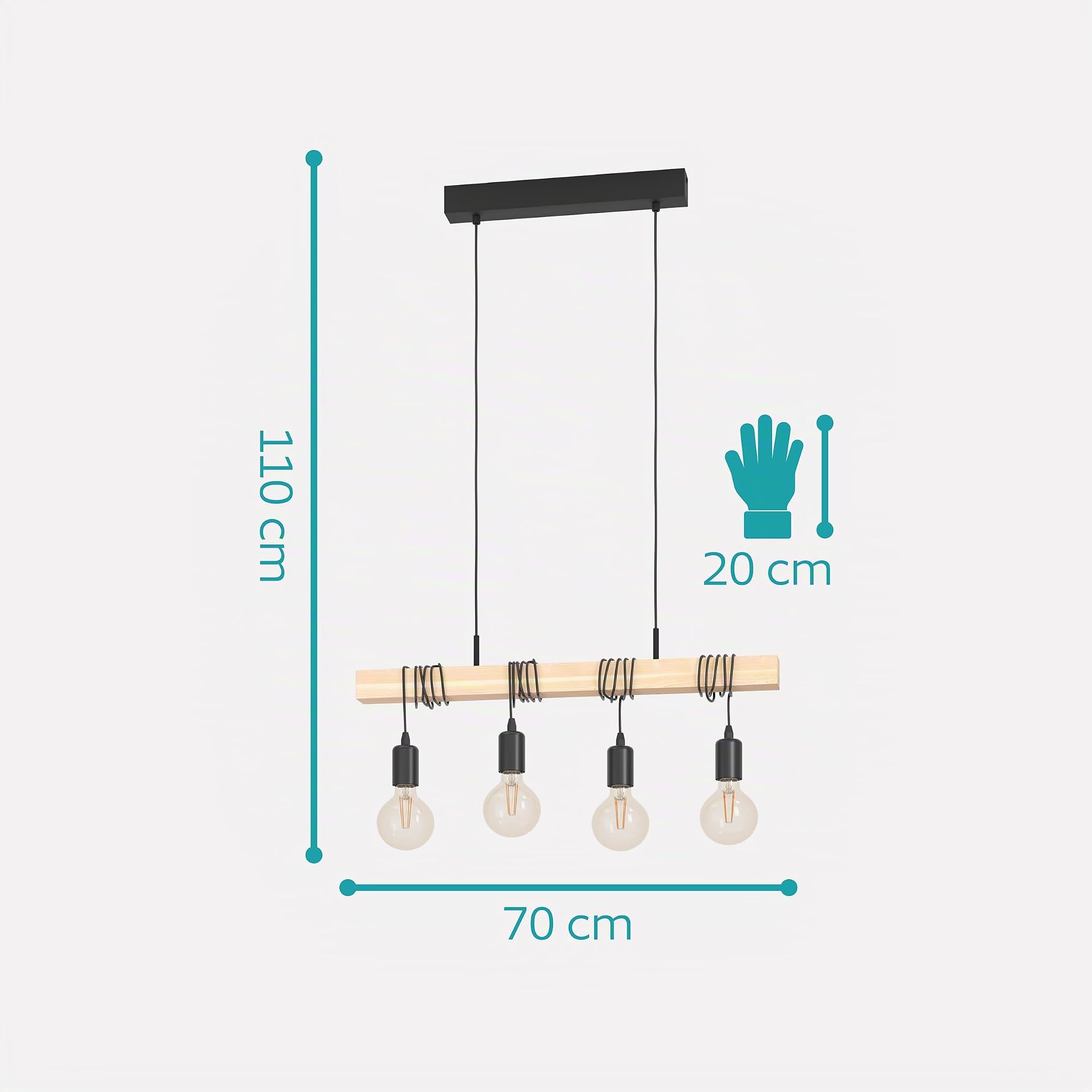 EGLO LED Hängelampe Townshend, 4-flammige Vintage Pendelleuchte über | Esstisch, Deckenlampe hängend im Industrial Design, Esszimmerlampe aus hellem Holz und Stahl, FSC, inkl. E27 Leuchtmittel