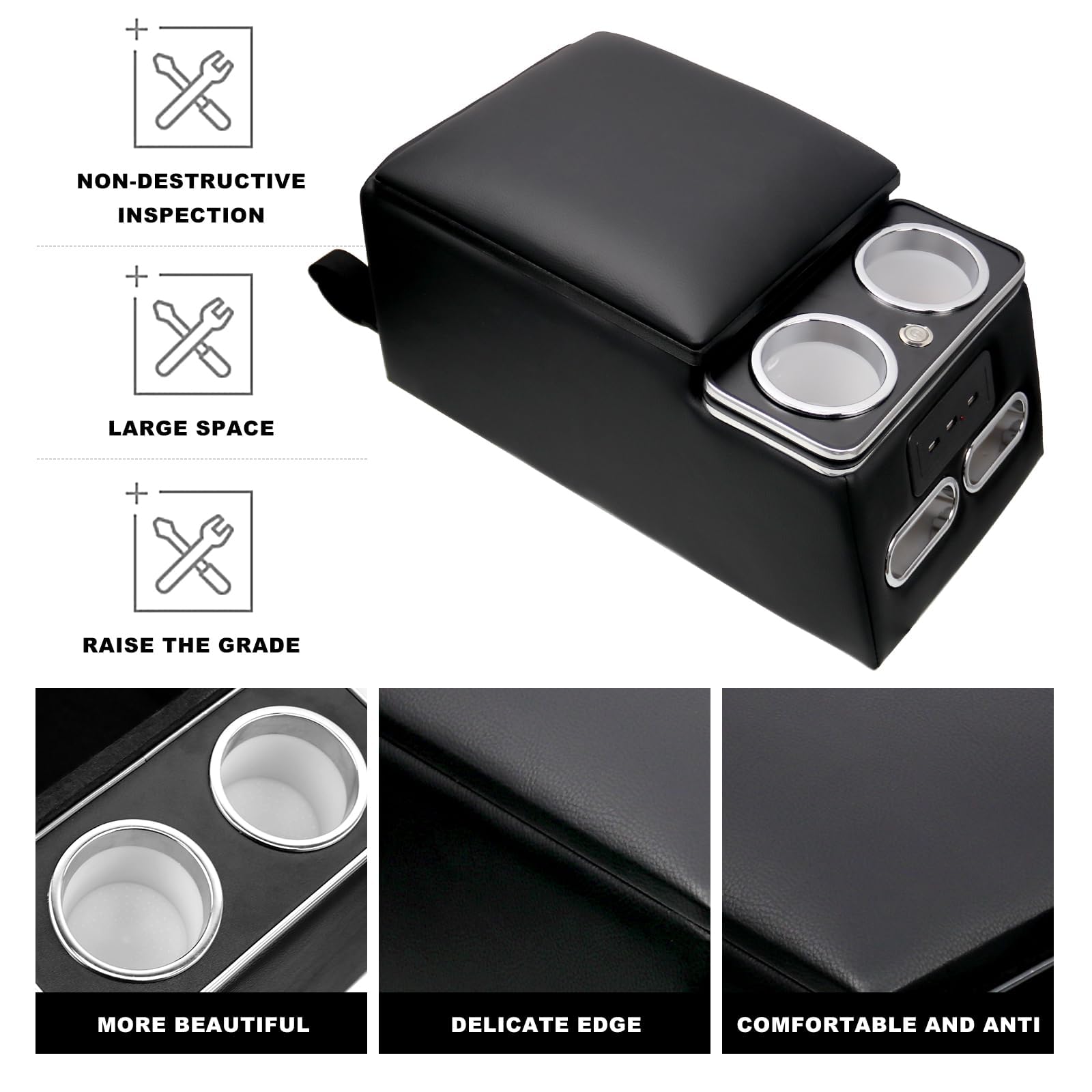 Czarny uniwersalny organizer na siedzenie ciężarówki, konsola do siedzenia z tyłu ze światłem LED, portem USB, uchwytami na kubki, podłokietnikiem i wyściełaną górną pokrywą, środkowy