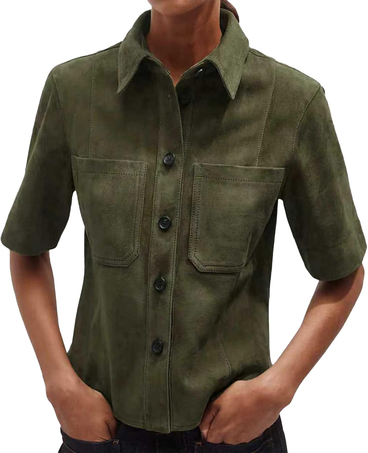 Women's Faux Suede Button Down Shirts Short Sleeve Business Casual Lapel Collared Shirt Jackets with Pockets