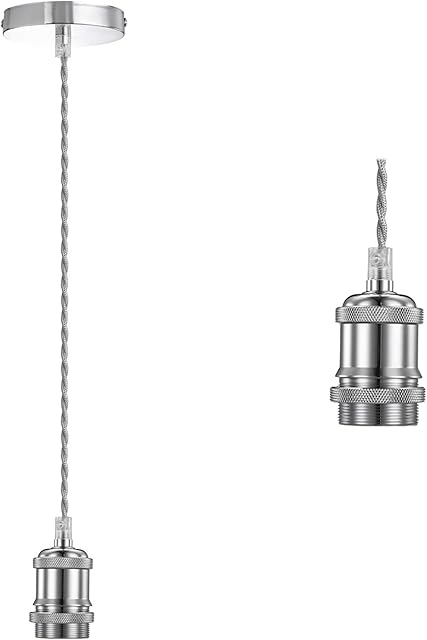 Licperron Vintage Pendant Light Fitting Kit, Chrome Braided Flex Ceiling Pendant Lamp, E27 Light Pendant Fitting Kit-Chrome. 1pack