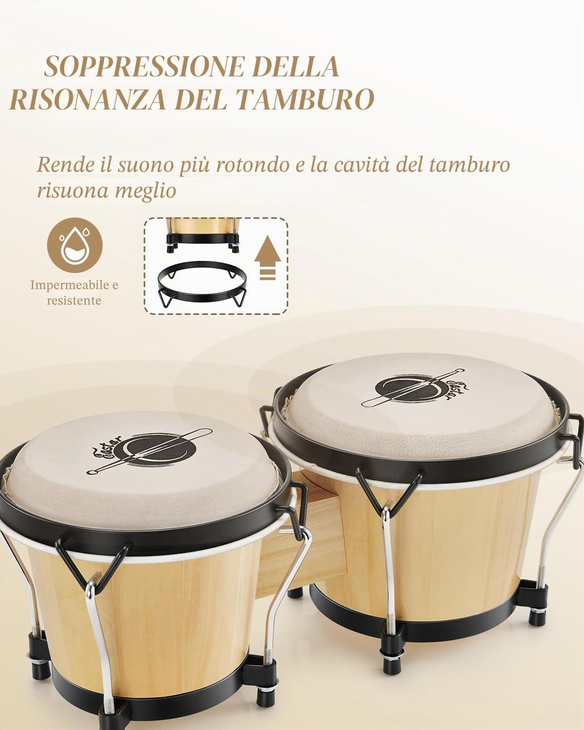 Eastar Bongo Drum 6” + 7” Per Adulti Bambini Principianti Professionisti Strumenti a Percussione Accordabili In Legno Tiglio EBO-1 naturale