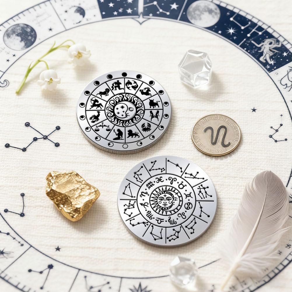 UNICRAFTALE 2Pcs Stainless Steel Double Sided Decision Coins Zodiac Coin Sun Moon Compass Decision Coin Gifts with Paper Box for Men Women Commemorative Coins Lucky Gift - Image 2