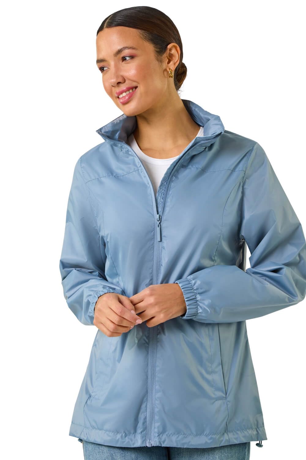 Roman Originals Women's Steel Blue Roman Shower Resistant Jacket For Uk - Spring Everyday Summer Holiday Funnel Neckline Comfy Long Sleeve Soft Pocket Detail Mac Daily Coats - Size 10