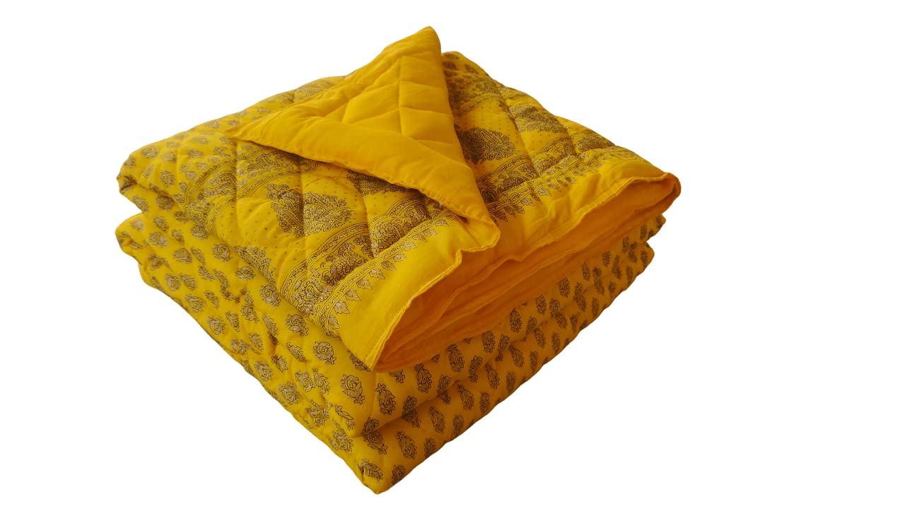 SJ Art & Crafts 410 TC Light Weight Pure Cotton Jaipuri Traditional Floral Design with Gold Print Double Bed Jaipuri Quilt/Razai/Rajai (Yellow-90 x 105 Inch) (B0BPYYWYKP) Amazon Price History, Amazon Price Tracker