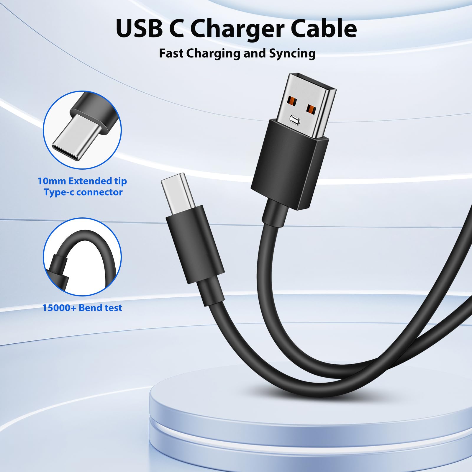 Cable USB a USB C de 3 pies, punta extendida de 10 mm, cable de carga rápida para iPhone 16 15/Samsung S25 S24 Ultra S23 S21 S20 S10/Blackview OUKITEL AGM teléfono resistente, tablet Fire, interruptor