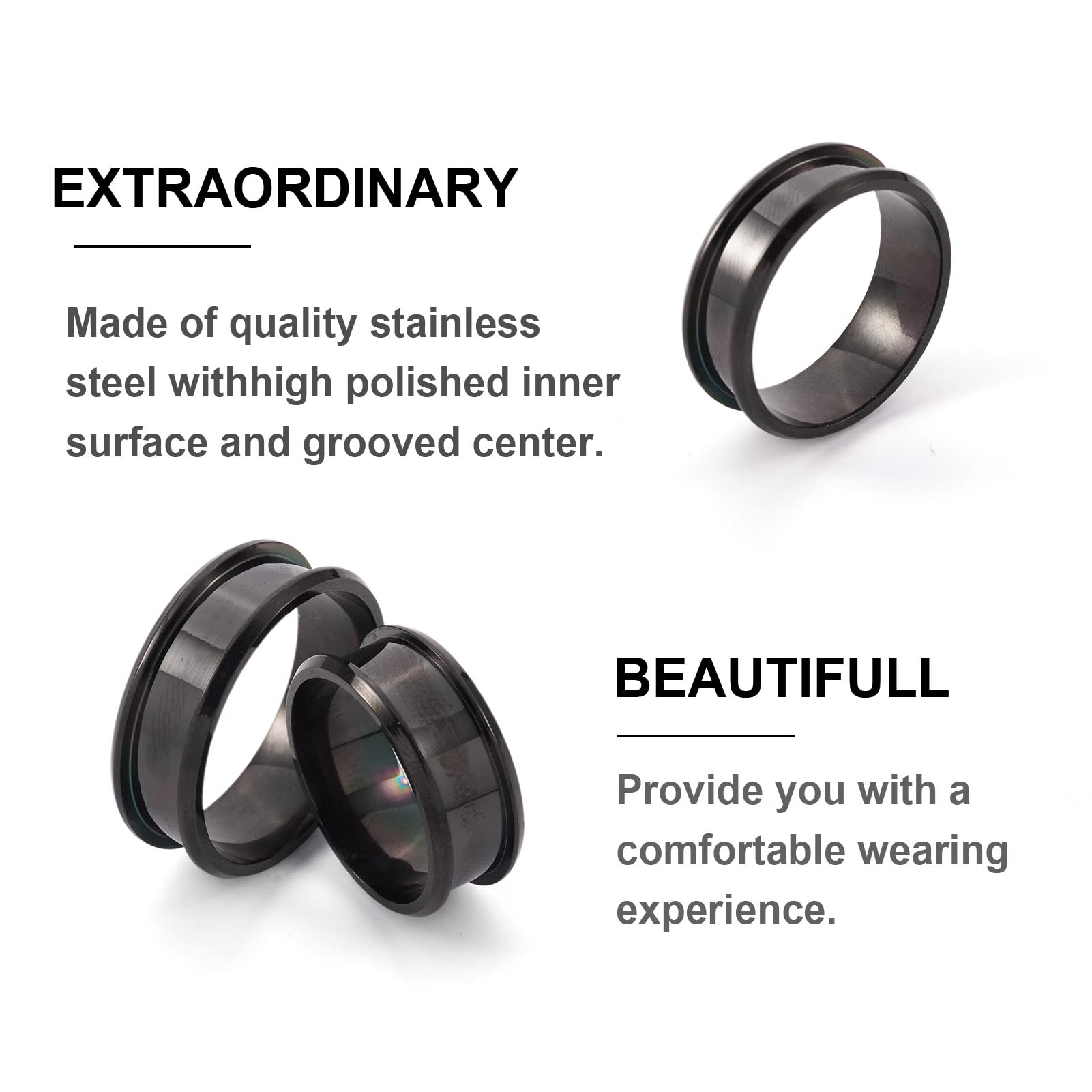 PandaHall 6pcs Stainless Steel Inlay Ring Core Blanks Black 17mm-22mm Round Grooved Finger Ring Blanks for Jewelry Making - Image 3