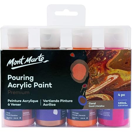 Mont Marte Premium Acrylic Pouring Paint Set Coral 4 X 4oz 120ml Bottles Pre Mixed Acrylic Paint Suitable For A Variety Of Surfaces Including Stretched Canvas Wood Mdf And Air Drying Clay