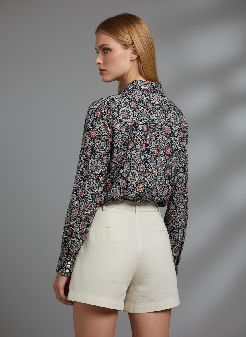 ANNI Designer Bedrucktes Damenhemd aus Baumwollmischgewebe, langärmelig, normale Passform, Hemdkragen, legere Bürokleidung, elegante Western-Kleidung für den Alltag, Hochzeit, Party