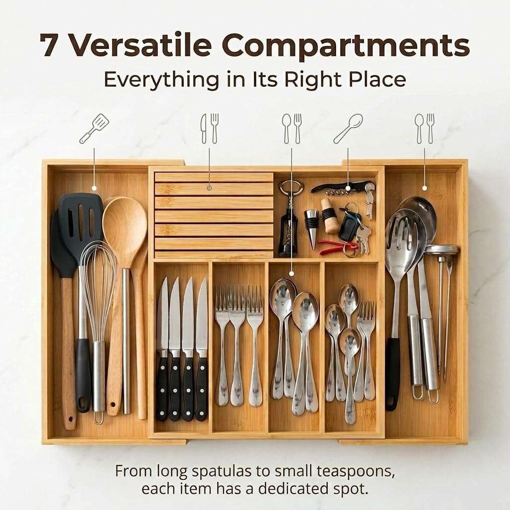 FUSHITON Expandable Bamboo Utensil Organizer with Built-In Knife Block, 7 Compartments, Adjustable Drawer Divider for Kitchen
