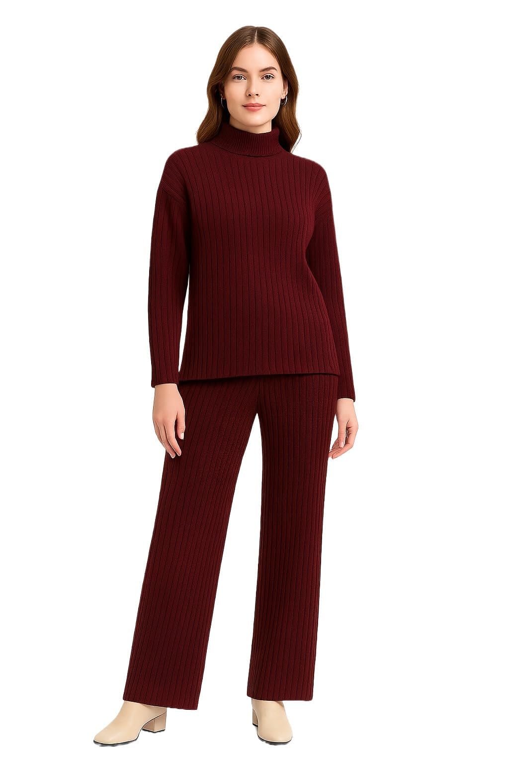 Women Winter Coord Set Wool Blend High Neck Sweater and Wide Leg Pants Warm Tracksuit Pajama Set Two Piece Knitwear Travel Wear for Lounge Casual Office-image-37