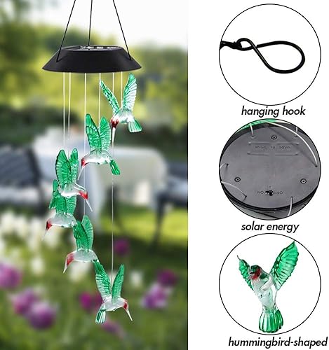 Miniatura 3 de MorTime - Carillón de viento solar LED de colibrí, carillón de viento colgante móvil de 25 pulgadas para decoración del jardín del hogar, cambio de