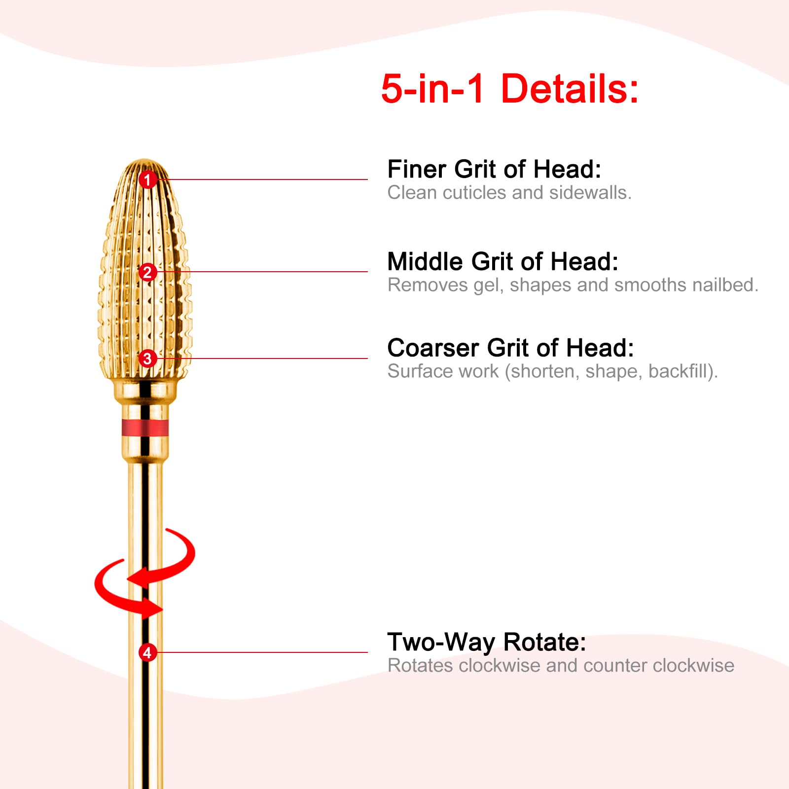 BNG 5 in 1 Carbide Nail Drill Bit Cuticle Remove Acrylic Nails Professional 3/32" Electric Nail Drill Tungsten Steel Bits Manicure Pedicure Professional Salon Tool - Image 2